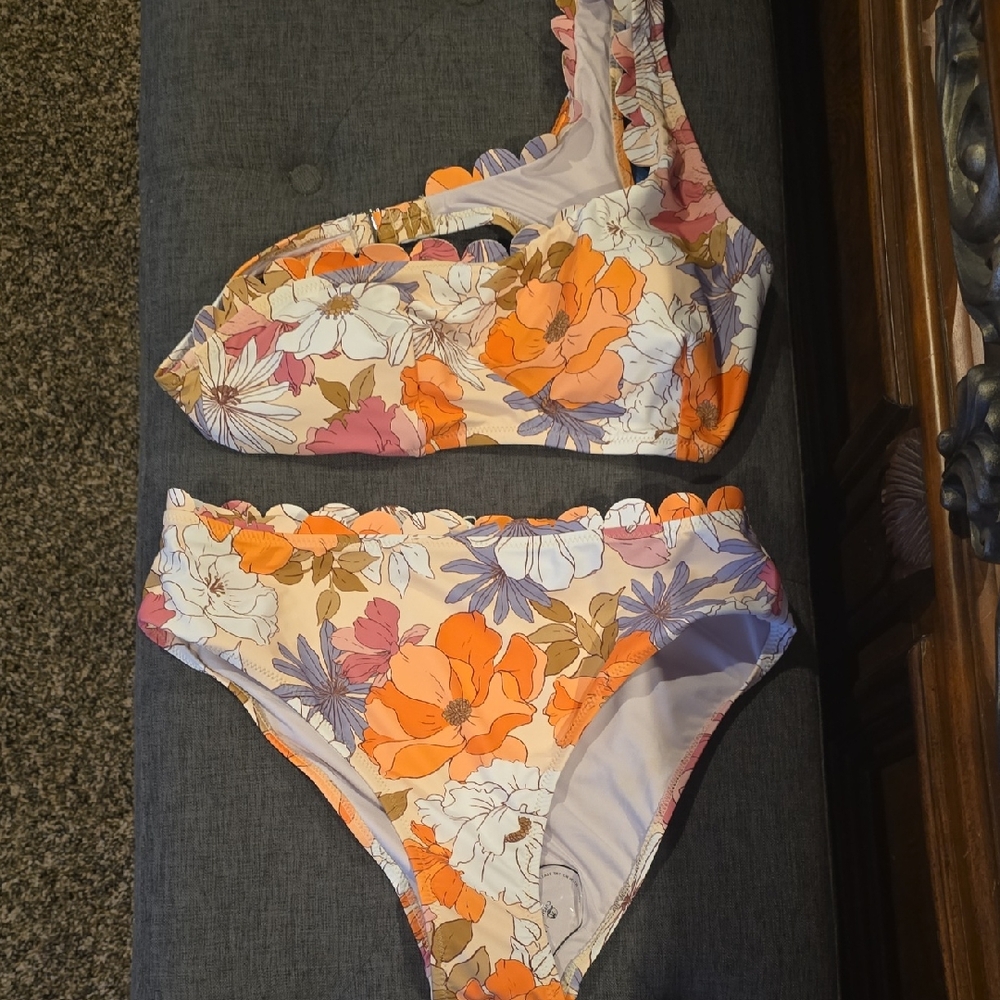 Cupshe Floral One-Shoulder Bikini - Orange, Purple, White